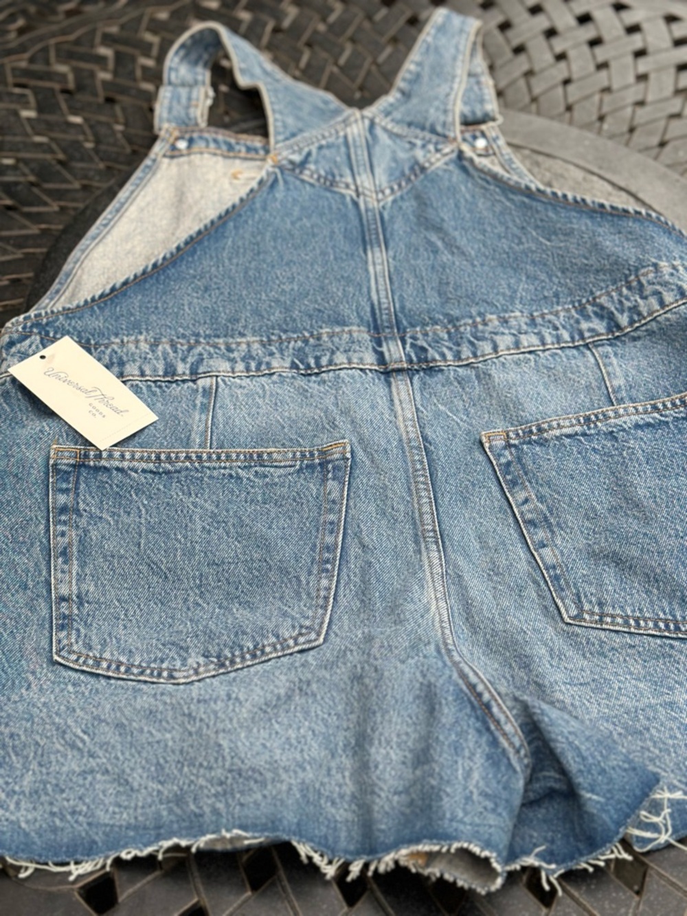 Universal Thread Blue Denim Distressed Overall Shorts Front Back Pockets - Picture 7 of 11